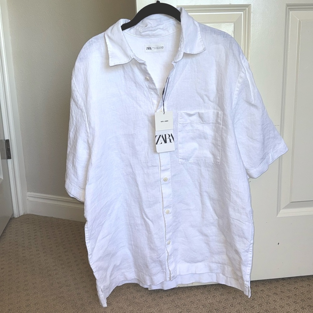 Zara Unisex Button down Linen collard short sleeve shirt - NWT